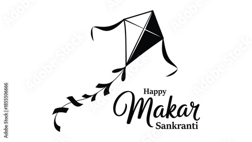 Happy Makar Sankranti elegant black kite illustration with flowing tail and stylish typography isolated on white background for Indian harvest festival greeting