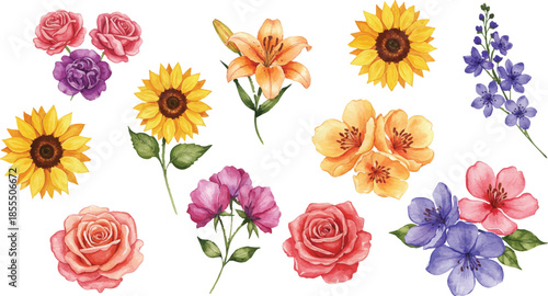 Watercolor floral collection mega bundle. Huge set of hand painted sunflowers, roses, lilies, lavender, and garden wildflowers.