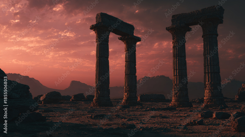 Fototapeta premium Cinematic shot of ancient greek ruins with tall, weathered stone columns in a desert landscape at sunset, vibrant pink and orange sky