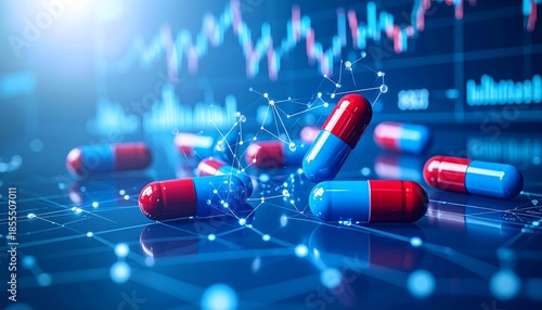 Several pills with red and blue capsules are arranged on a grid, overlaid with a digital graph of market trends