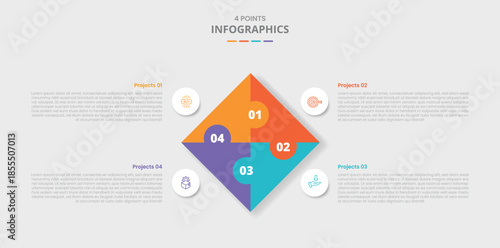 4 points template infographic with rhombus center with puzzle jigsaw connection with drop shadow style with three stage list information