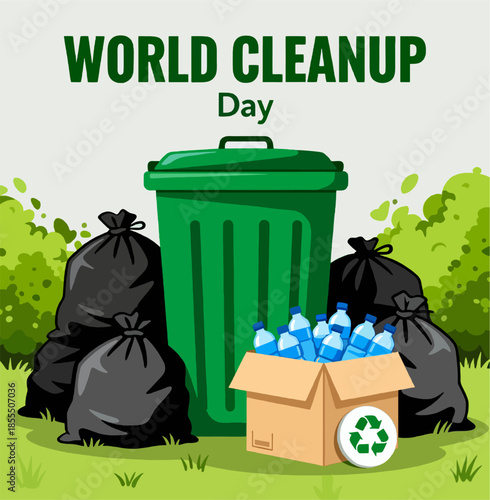 World Cleanup Day Illustration – Green Trash Bin with Garbage Bags, Cardboard Box of Plastic Bottles and Recycle Symbol, Environmental Awareness Poster on Grass Background