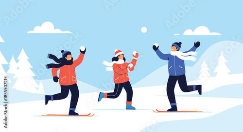 A joyful winter scene with three young friends having a snowball fight and skiing, enjoying outdoor activities together in a snowy landscape.