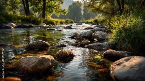Flowing river ecosystem with smooth water motion blur, polished stones, green banks, soft reflections, and gentle sun haze creating peaceful refreshing natural landscape depth