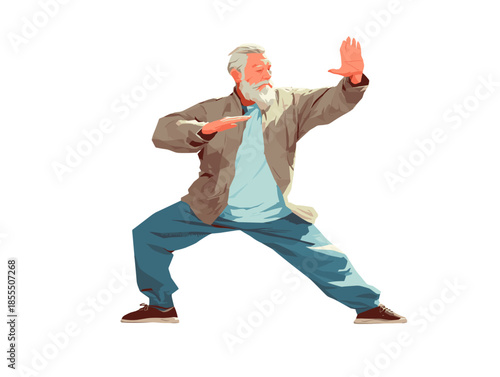 Senior man practicing tai chi, active aging and balance concept illustration

