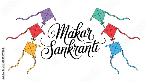 Happy Makar Sankranti colorful kite illustration with elegant hand drawn typography isolated on white background for Indian harvest festival celebration