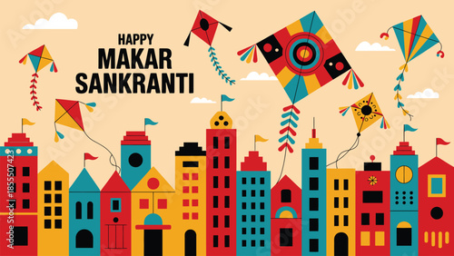 Happy Makar Sankranti colorful cityscape illustration with flying kites and festive decorations celebrating Indian harvest festival on warm background