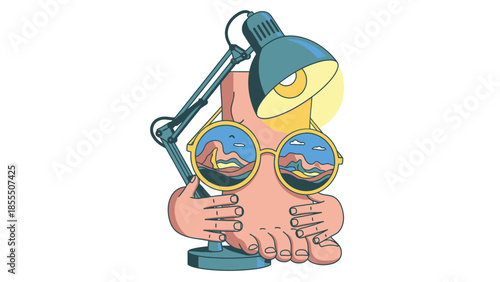 Whimsical cartoon illustration featuring a human foot, hands, sunglasses reflecting nature, and a desk lamp as an eye.