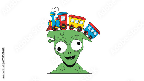 A green alien character with big eyes and a smile, balancing a colorful toy train on its head.