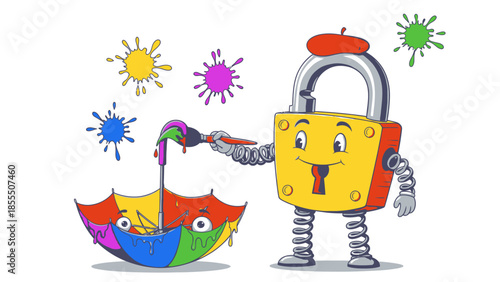 A cheerful cartoon padlock character wearing a beret paints a vibrant, multi-colored umbrella with a happy face, surrounded by colorful paint splatters.
