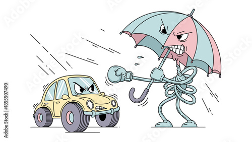Cartoon car and umbrella with boxing gloves in a confrontational stance, symbolizing protection or conflict.