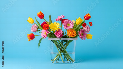 Main Subject: A dense, multicolored bouquet of fresh spring and summer flowers.