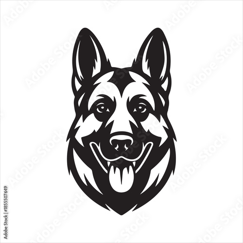 German Shepherd dog face black and white, German Shepherd dog breed head vector illustration.