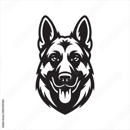 German Shepherd dog face black and white, German Shepherd dog breed head vector illustration.