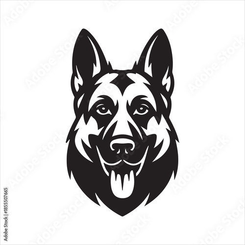 German Shepherd dog face black and white, German Shepherd dog breed head vector illustration.