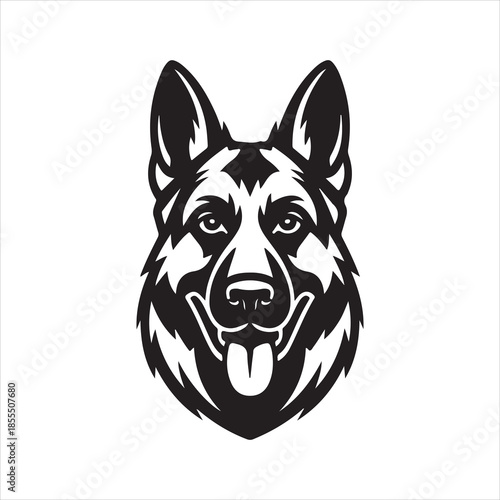 German Shepherd dog face black and white, German Shepherd dog breed head vector illustration.