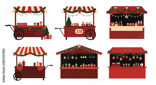 A festive collection of six different Christmas market stalls and kiosks decorated with garlands and lights, selling gifts, food, and ornaments.