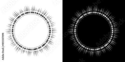Dynamic abstract spiral sound wave rhythm lines. Circular spiral sound wave rhythm of lines. Circular futuristic abstract lines, black and white background.	
