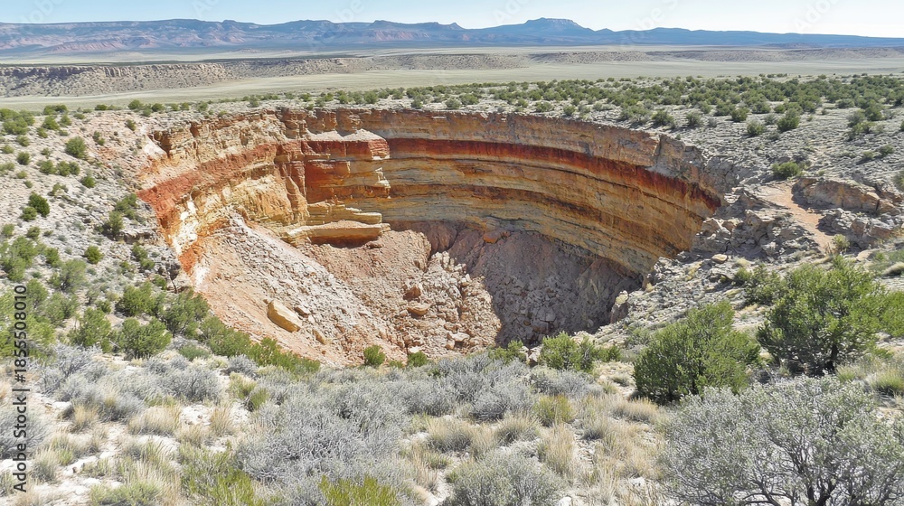 Fototapeta premium Eroded geological strata revealing layers of earth in the landscape