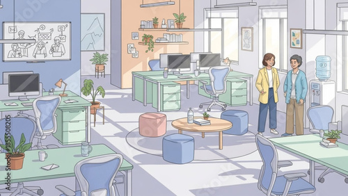 Modern Office Environment with Colleagues Collaborating and Working on Computers in a Bright and Organized Workspace like Whisk