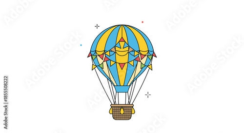 A festive and stylized hot air balloon in blue and yellow, decorated with a colorful pennant banner, perfect for celebration and festival designs.