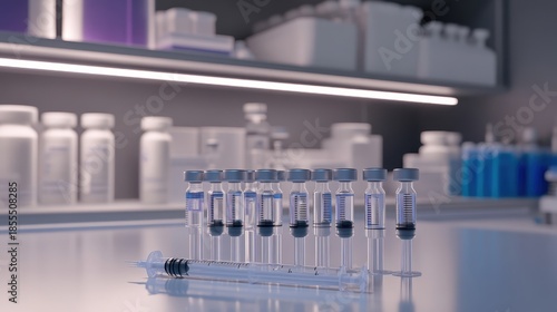 Collection of sterile disposable medical syringes filled with clear liquid and standing in rows with pharmaceutical vials and medical supplies in the background on shelves