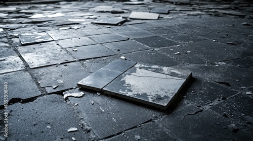 Cracked ceramic tile floor with faded mosaic pattern lying broken on the ground