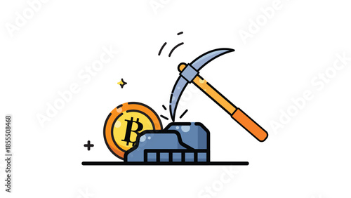 Flat vector illustration of cryptocurrency mining representing digital finance, blockchain technology, and decentralized economy. This crypto mining icon is ideal for fintech, bitcoin, blockchain