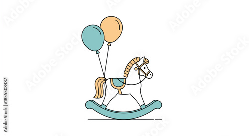 A sweet and simple outline illustration of a child's rocking horse toy with balloons, representing childhood, celebration, and new baby announcements.