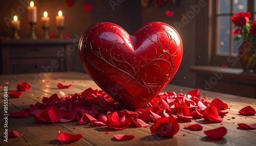 Romantic Valentine's Day with a Shiny Red Heart Surrounded by Rose Petals