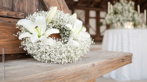 Delicate floral wreath of white lilies and baby's breath on rustic wood