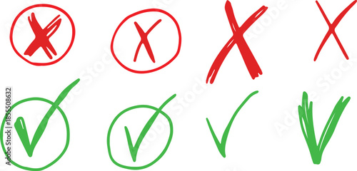 Bold hand-drawn red cross and green tick, with a scratchy grunge checklist symbol, suitable for approval seals.
