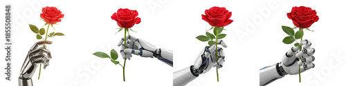 Set of Robot Hands Holding Red Roses Isolated on Transparent Background PNG