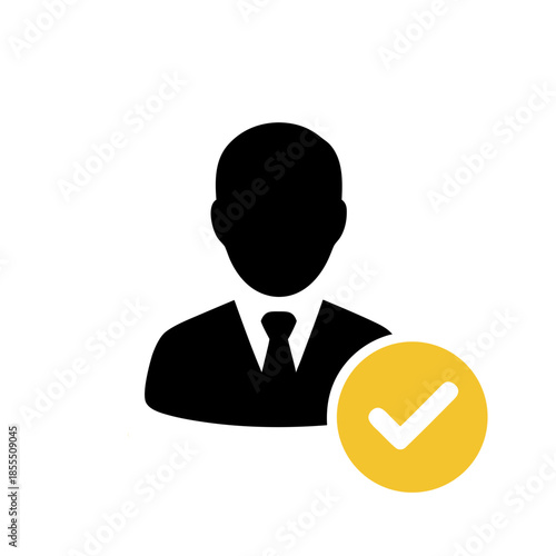Business man icon with green checkmark for confirmed status or successful registration