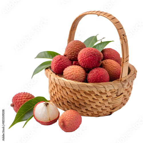 Fresh Lychee Fruit in Woven Basket on White Background - Tropical Produce on transparent background