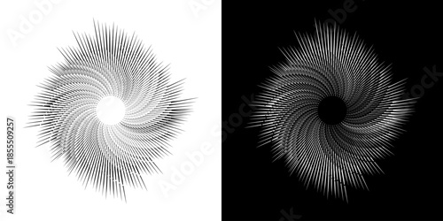 Dynamic abstract spiral sound wave rhythm lines. Circular spiral sound wave rhythm of lines. Circular futuristic abstract lines, black and white background.	