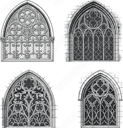 Gothic Arch Window Grill Set Etching Engraving Style Architectural Ironwork Vintage Hand Drawn Illustration