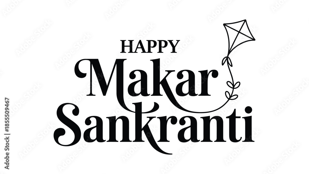 Naklejka premium Happy Makar Sankranti elegant black typography greeting with minimal kite line art isolated on white background for Indian harvest festival