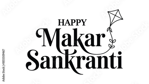 Happy Makar Sankranti elegant black typography greeting with minimal kite line art isolated on white background for Indian harvest festival