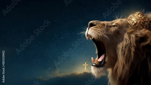 The Lion of Judah, roaring mightily, with a golden crown on his head, and a view of the night sky full of stars