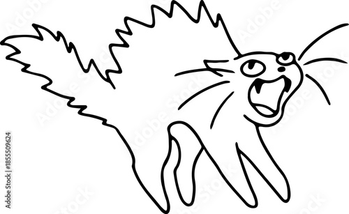 A funny frightened cat raised its fur and screamed, drawn with crooked grunge lines