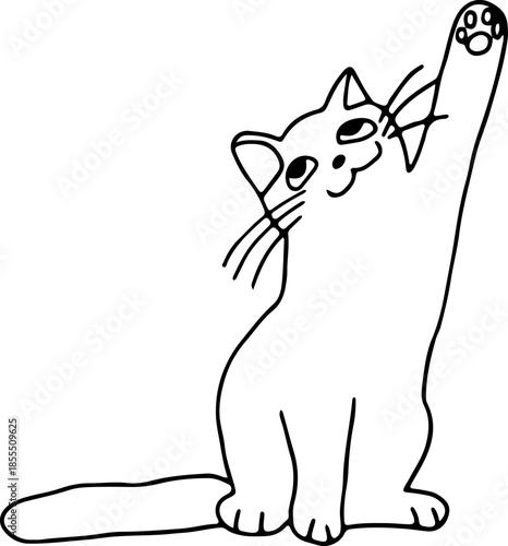 A cute, happy, funny cat sits and stretches one paw up, drawn with crooked grunge lines