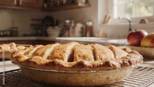 Warm and inviting homemade golden apple pie with a beautiful lattice crust cooling on a wire rack in a bright, sunlit kitchen setting, ready to be enjoyed