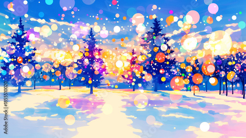 雪に染まる冬の自然と空気感を繊細に描いた幻想的な風景イラスト｜静かな時間、凛とした空、雪の質感、白とグレーの世界、手描きタッチ、イラスト素材、冬の情景