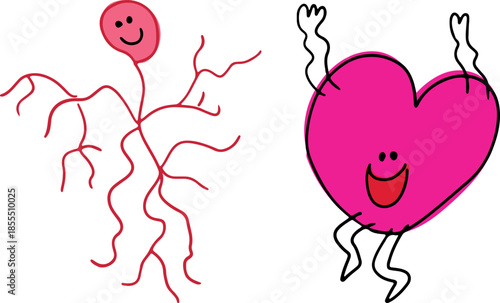Happy pink red heart and blood vessels dancing with each other, drawn with crooked grunge lines