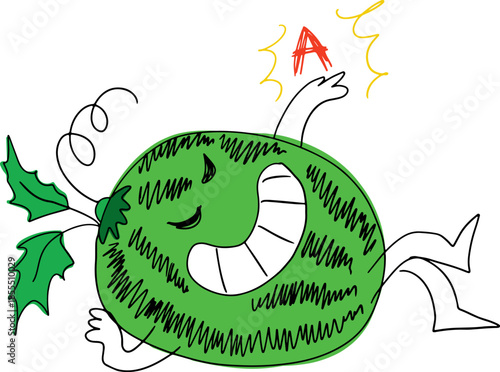 A smiling happy green round watermelon with a wide smile lies and holds the letter A vitamin
