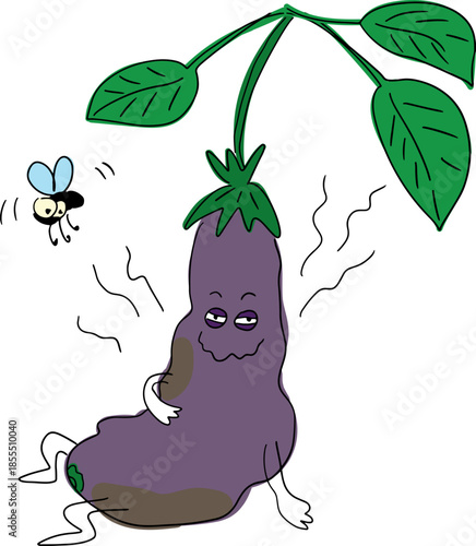 A purple, rotten eggplant with spots stinks, sits contentedly and looks at the camera, drawn with crooked grunge lines