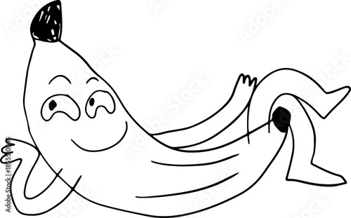 A funny smiling banana with a face lies on its back and looks at the camera, drawn with crooked grunge lines