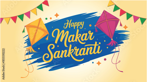 Happy Makar Sankranti colorful greeting banner with kites and festive elements on yellow background for Indian harvest festival celebration