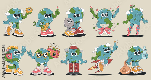 Set of Cute Earth Planet Mascot Characters. Earth Day Isolated Vector Illustrations. Cartoon Earth In Different Poses. 